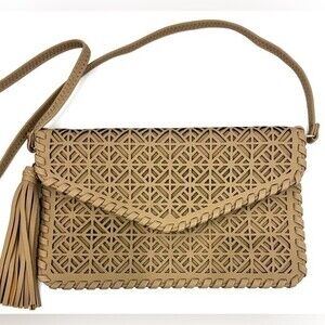 Leyla Laser Cut Envelope Clutch/Crossbody Tan NWOT